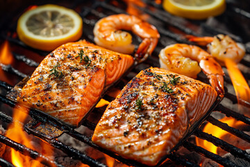 grilled salmon and shrimp on a decorative metal grilling tool with lemon slices, resting over the grill's hot coals