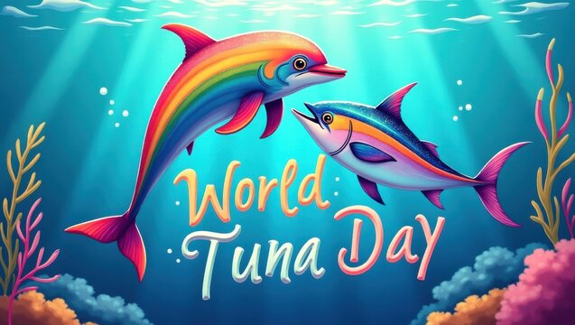Celebrating world tuna day a colorful marine event featuring vibrant tuna and dolphins in a lively ocean environment
