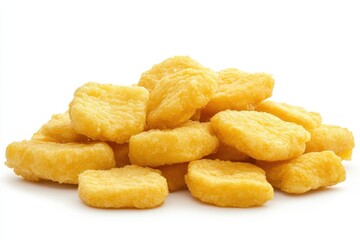 Pile of golden chicken nuggets on a clean white background, ideal for food advertising