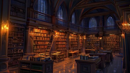 Grand library with dark wood, books, and warm light