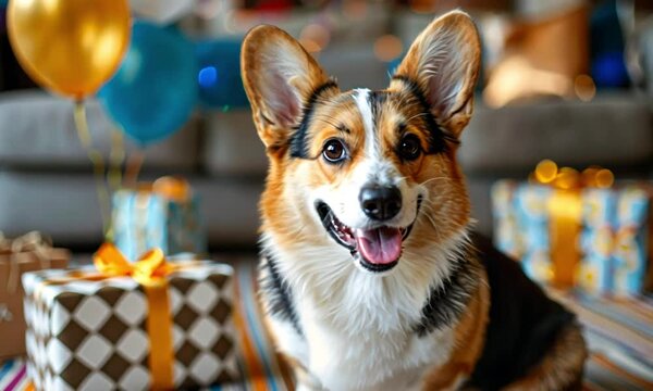 Happy corgi puppy surrounded by gifts and balloons.