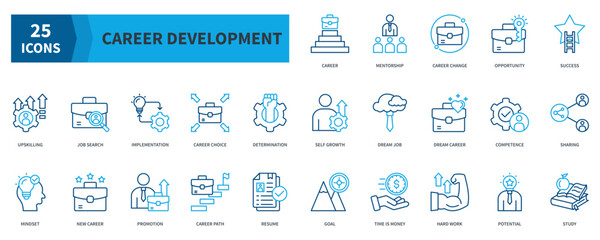 Career Development Icon Collection Set. Containing Career, Mentorship, Opportunity, Success, Upskilling, Implementation, Promotion Icon. Dualtone Outline Style