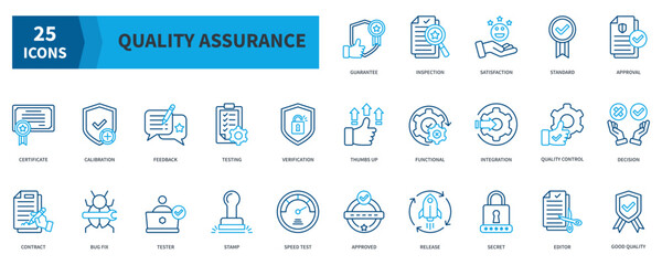 Quality Assurance Icon Collection Set. Containing  Guarantee, Satisfaction, Standard, Certificate, Verification, Integration, Quality Control, Good Quality Icon. Dualtone Outline Style