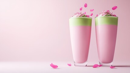 Matcha smoothie and sakura cherry blossom tree,spring season ,drink sweets for banners,Collection of matcha drinks with latte,menu popular japan,cards, flyers,wallpapers,copy space.