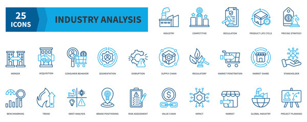 Industry Analysis Icon Collection Set. Containing Industry, Competitive, Regulation, Product Life Cycle, Pricing Strategy, Merger, Segmentation Icon. Dualtone Outline Style