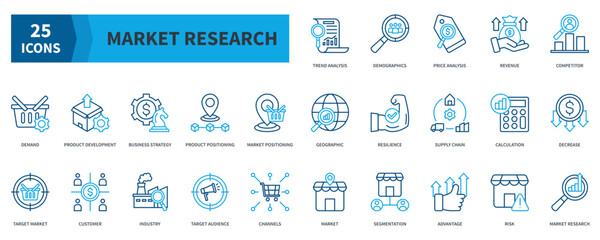 Market Research Icon Collection Set. Containing Analysis, Consumer Behavior, Market Segmentation, Target, Trends, Demographics, Demand, Business Strategy Icon. Dualtone Outline Style