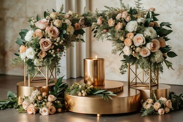 Elegant Rose Gold Podium with Delicate Floral Arrangements