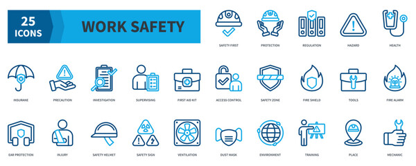 Work Safety Icon Collection Set. Containing Safety First, Protection, Regulation, Hazard, Health, Insurance, First Aid Kit Icon. Dualtone Outline Style