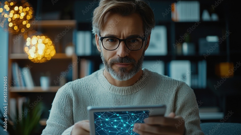 Poster focused man using tablet with digital technology visualization