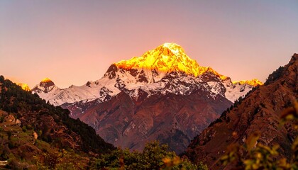 Fototapeta premium Sunrise Behind Himalayan Peaks, Pahalgam, Kashmir, J&K, India