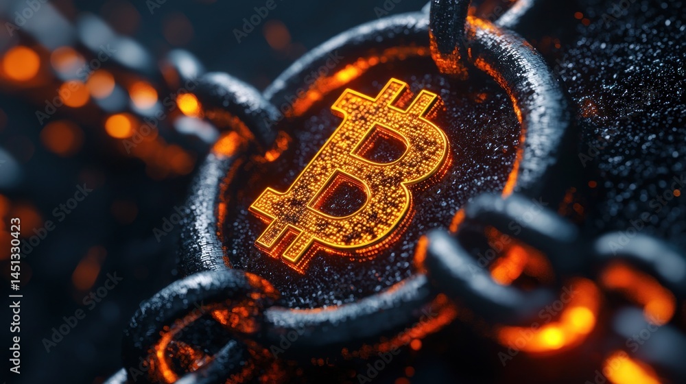 Poster glowing bitcoin symbol enclosed in metallic chain link design