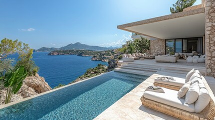 Fototapeta premium Luxurious Mediterranean villa with infinity pool overlooking scenic seascape