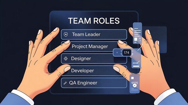 Hands Interacting With Digital Team Roles Interface Concept Showing Team Leader Project Manager Designer Developer Qa Engineer On Futuristic Dark Screen