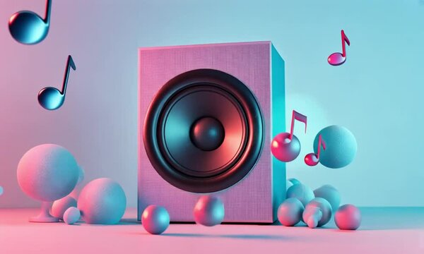 Modern speaker with floating musical notes.
