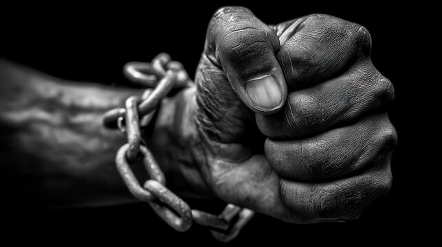 Powerful clenched fist restrained by heavy chains.