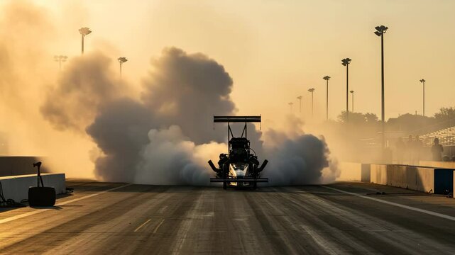 Racing vehicle exiting smoke trail track