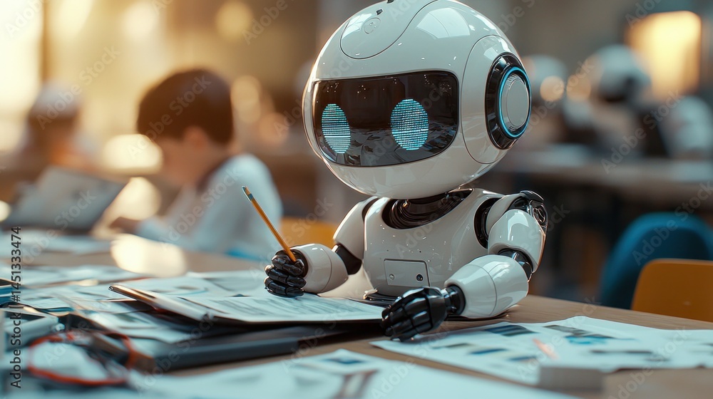 Aufkleber robot learning in classroom setting with child in background