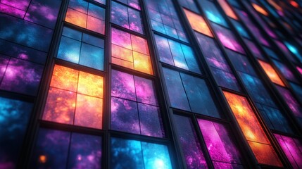 Abstract multicolored stained glass window pattern with galactic space theme