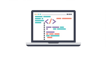 Laptop displaying code snippets with diverse color blocks for software development