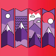 Geometric mountain range exploration with astral bodies and colorful gradients