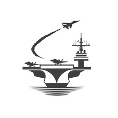 illustration of aircraft carrier, jet fighter, vector art.