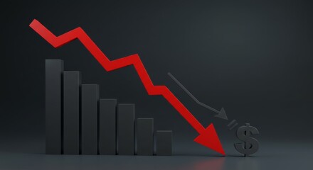 Dramatic decline illustration with a red arrow pointing towards a dollar sign