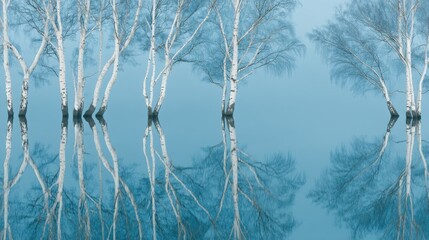 Serene winter landscape with birch trees reflected in calm water creating symmetry