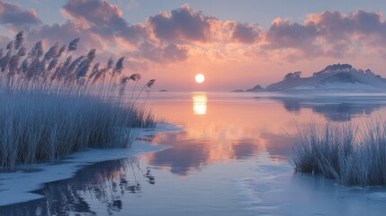Serene winter sunset over a tranquil lake with frosted grass and distant islands