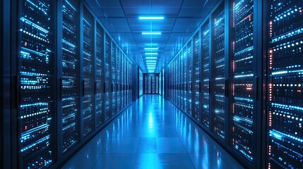 A long corridor filled with server racks and blue lights in a data center environment setting