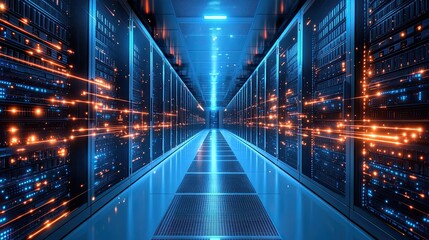 A server room with blue lighting and orange data streams flowing between the server racks shown in perspective