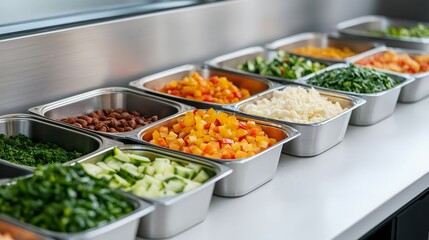 Colorful bowls of chopped vegetables and nuts are arranged neatly in a modern office kitchen, promoting healthy eating and wellness among employees during lunch
