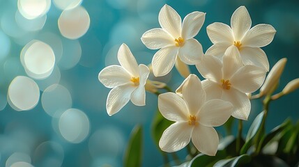 Fototapeta premium Delicate cluster of white blossoms against a teal backdrop.