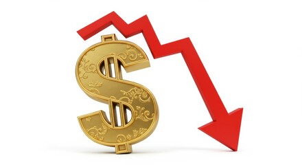 Obraz premium Financial Downturn Depicted with Red Arrow and Ornate Dollar Sign on White Backdrop