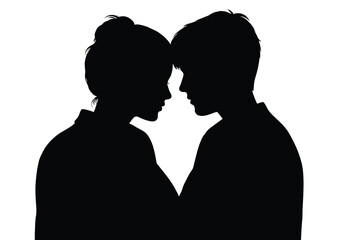 Young couple silhouette. This image shows a young couple facing each other, their profiles visible in black against a white background, symbolizing love and connection.  clipart illustration design.