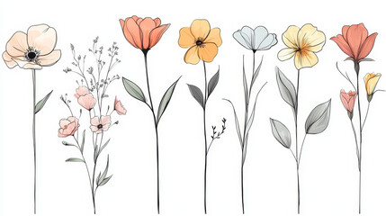Naklejka premium Pastel Floral Line Art – Flowers Arranged Horizontally on White
