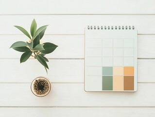 A professional planner sits next to a small plant on a wooden surface, showcasing an organized layout ideal for tracking tasks and managing time effectively in a work setting