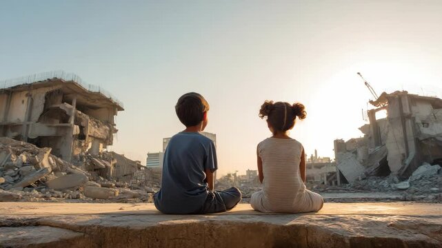 Brother and sister are sitting looking at destroyed building after an earthquake or war in a city with a bright sky background