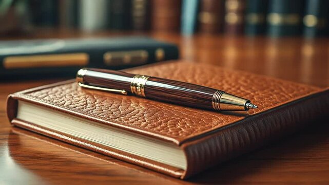 Elegant leather notebook with a luxury pen on a polished desk.