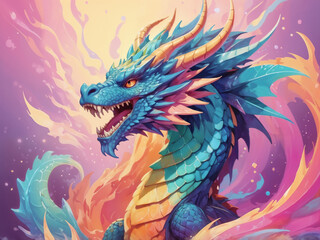 Abstract glow pastel background of Fantasy Cartoon predator colorful illustration of a roaring dragon