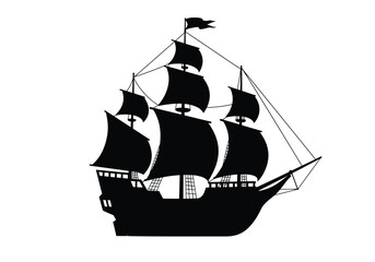 Pirate ship silhouette. This image shows a black silhouette of a pirate ship with multiple sails and masts, also known as a galleon or frigate. Vector clipart illustration design.