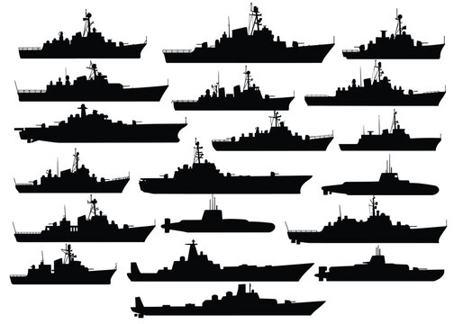 Naval ship silhouettes. This image shows various silhouettes of naval ships, including submarines and warships, depicted in black against a white background. Vector clipart illustration design.