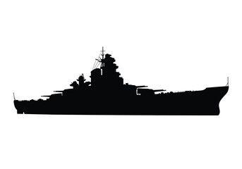 Battleship silhouette. This image shows a battleship silhouette, also known as a warship or navy vessel silhouette, featuring turrets, smokestacks, and a deck. Vector clipart illustration design.