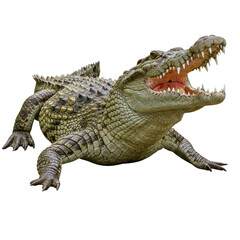 Fototapeta premium Aggressive crocodile with open mouth exposing sharp teeth in crawling position ready to attack, isolated on a transparent background, png, cutout