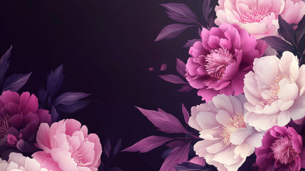 Obraz premium Floral Composition of Pink and White Peonies, Roses, and Greenery on Dark Backdrop