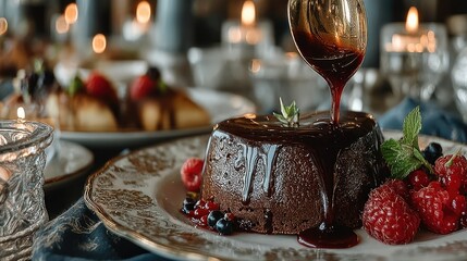 Delicious heart-shaped chocolate mousse cake with raspberry coulis on an ornate plate