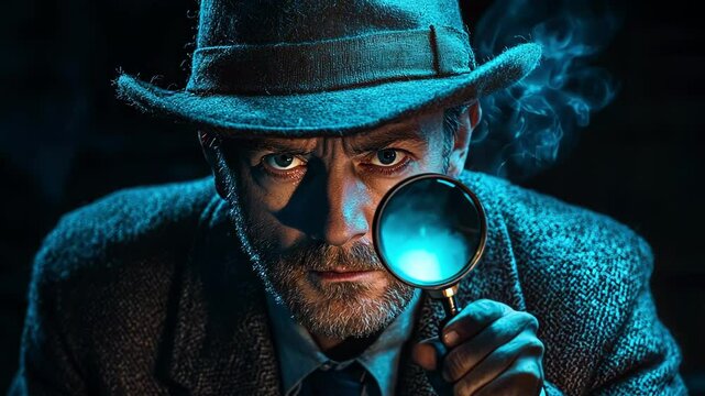A serious detective examining details with a magnifying glass.