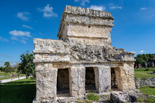 Itzamna, ancient god, corner mask, Temple of Frescoes, Mayan, 1200-1400, Tulum, Quintana Roo, Mexico