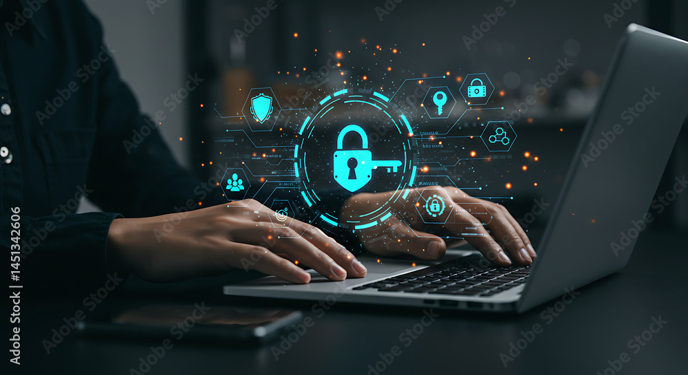 Poster typing on a laptop with a lock graphic symbolizing data security and protection, showcasing digital 