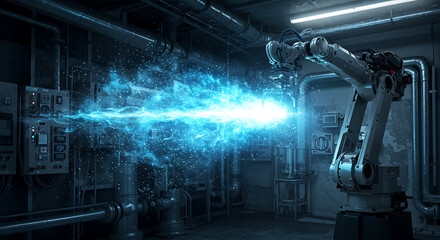 A robotic arm projects a beam of energy in a technological setting, signifying automation, innovation, and the future of technology.