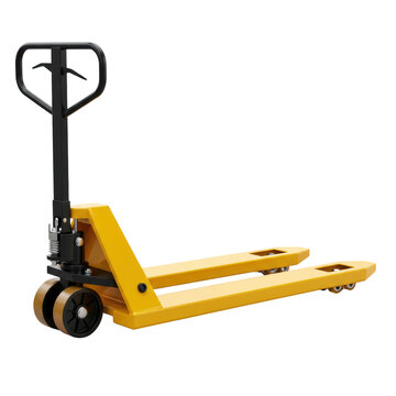 Heavy duty yellow manual pallet jack truck for warehouse and logistics use isolated on a transparent background, png, cutout